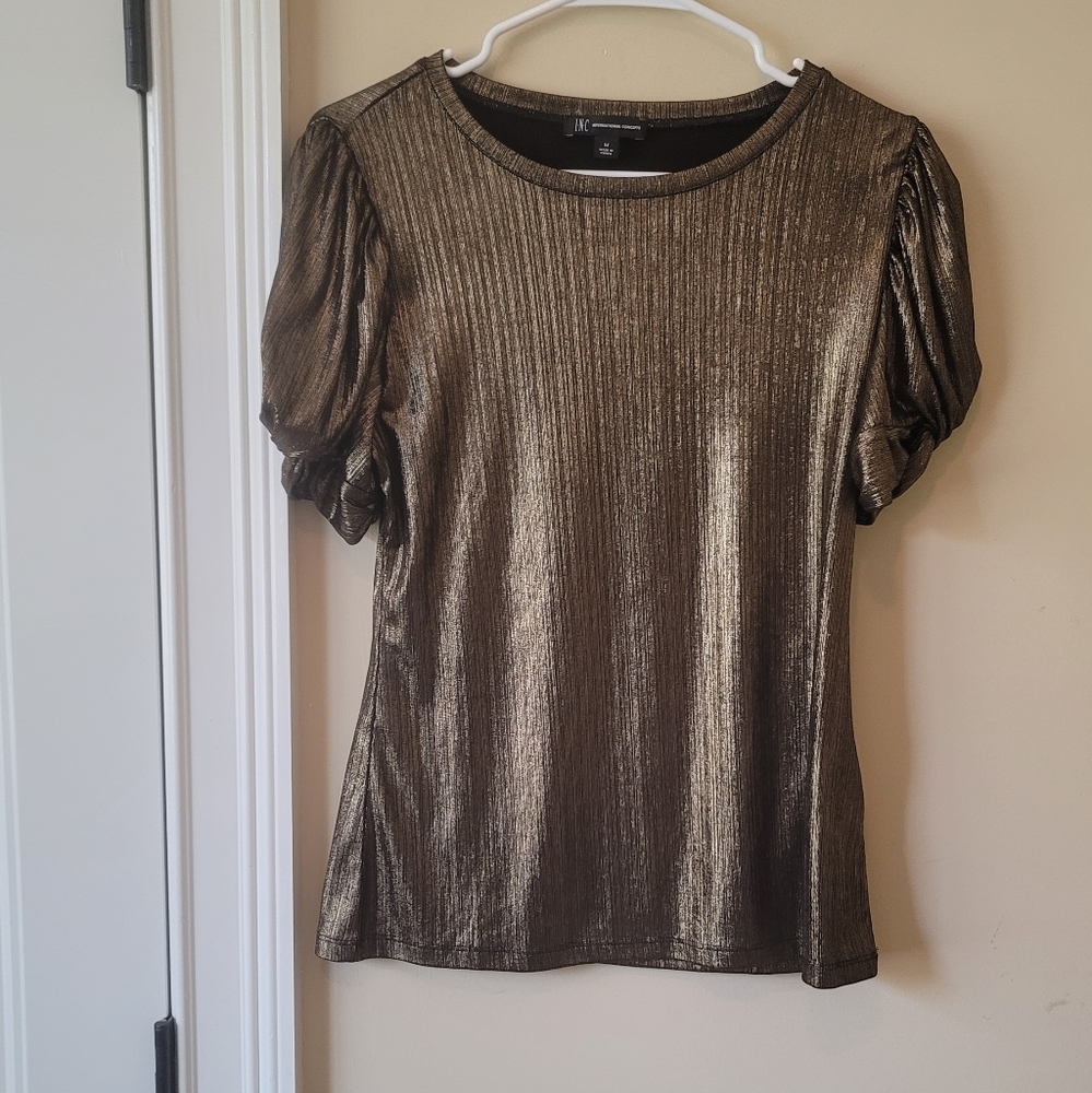 INC Metallic Shimmer Gold Black Top Shirt Blouse Size M